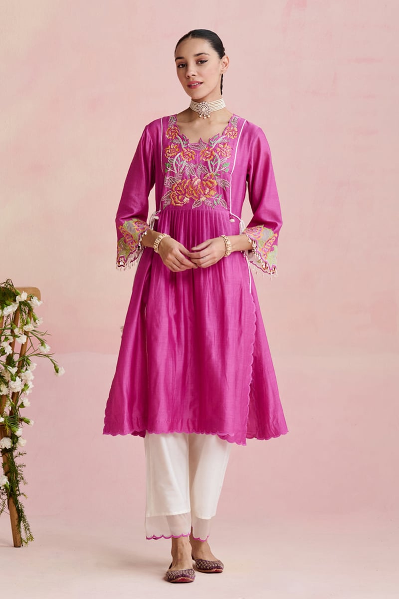 Pink Embroidered A-Line Kurta Set with Organza Dupatta