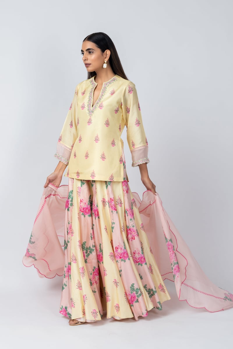 Yellow Floral Silk Kurta Sharara Set with Organza Dupatta