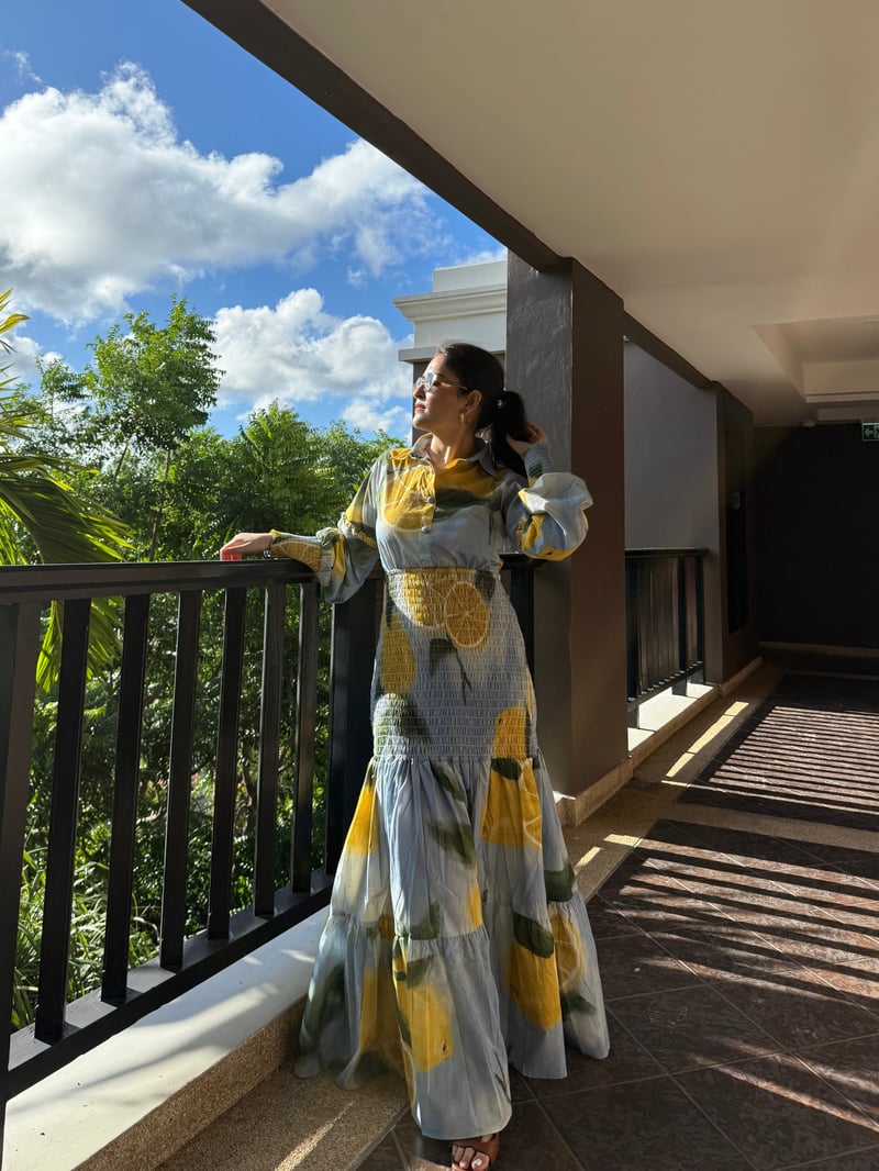 Blue Lemon Print Collared Tiered Maxi Dress