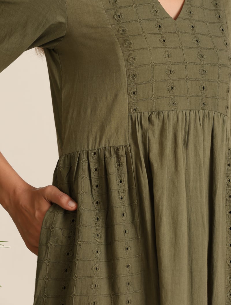 Olive Cotton Cutwork Embroidered Kurta Set