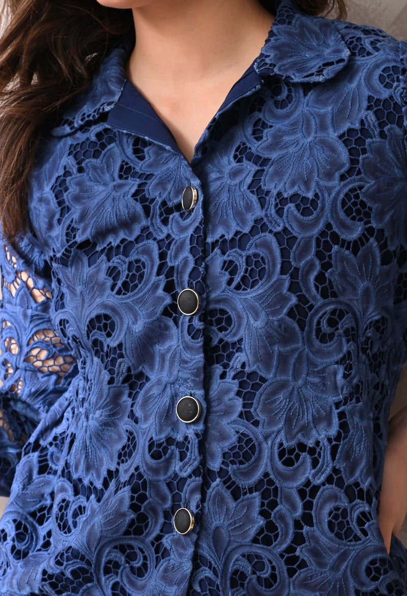 Midnight Blue Lace Shirt and Knee-Length Skirt Co-ord Set