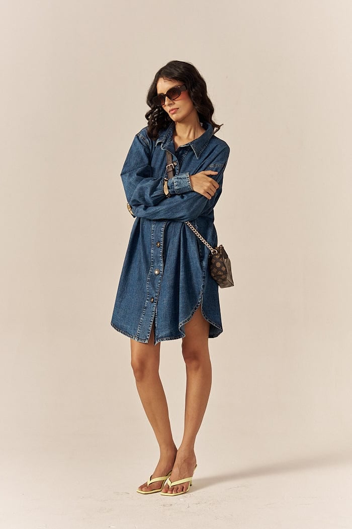 Blue Denim Relaxed Shirt Dress with Pockets
