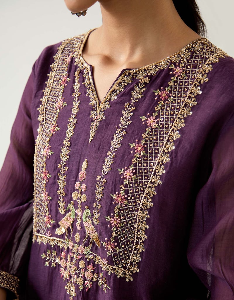 Purple Chanderi Zardozi Embroidered Kurta Set with Pants