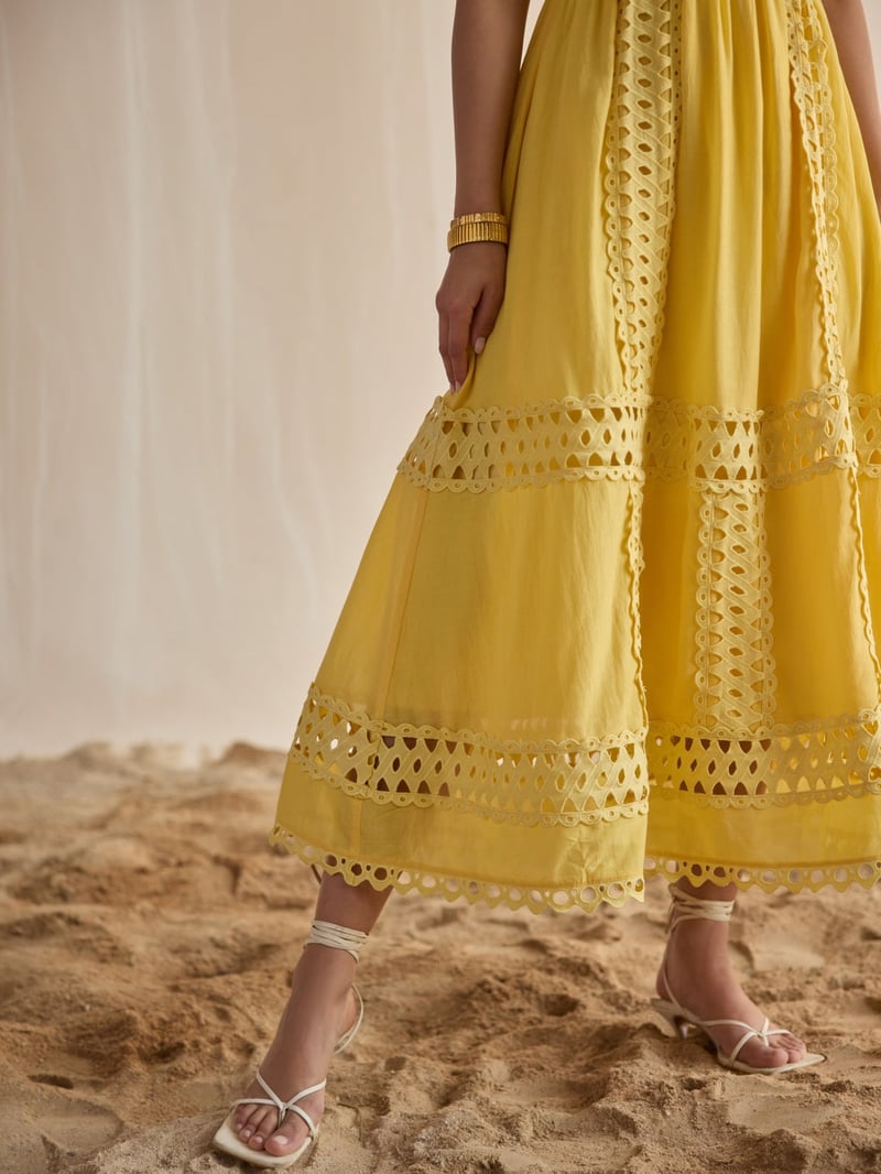 Yellow Lace Cutwork Fit and Flare Maxi Dress