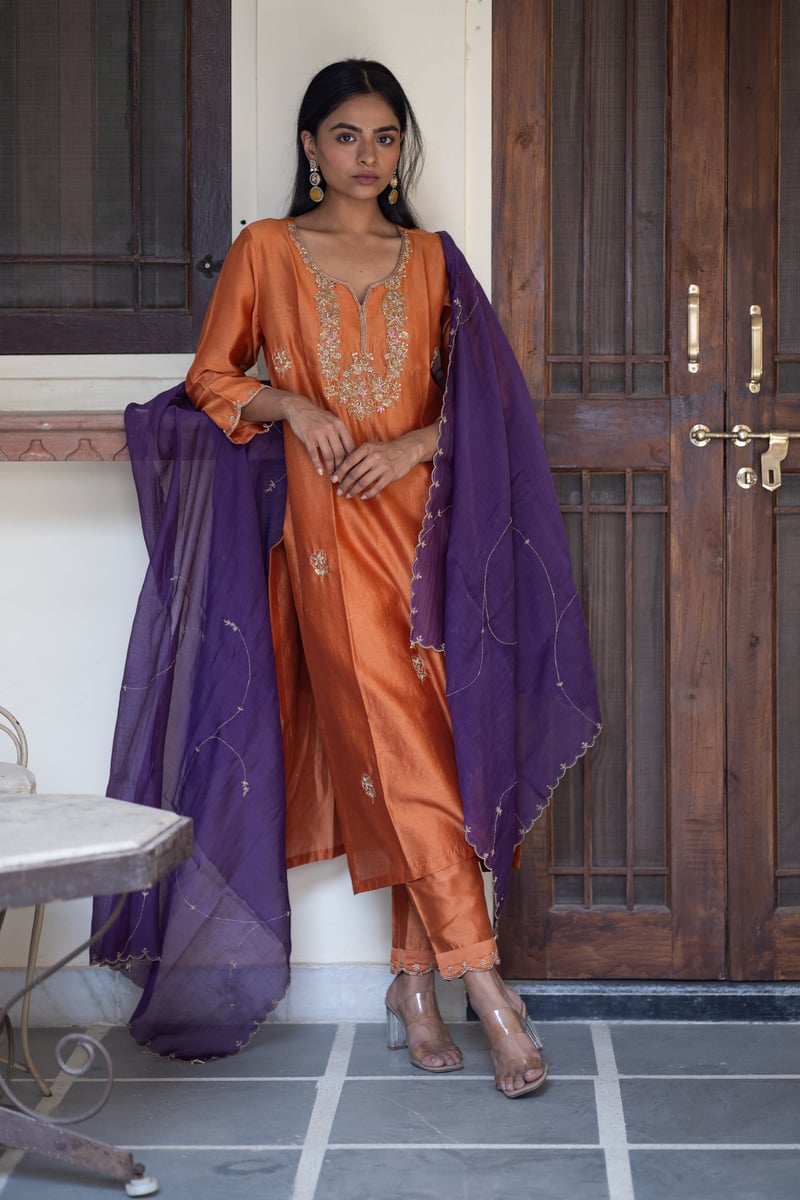 Rust Orange Zardozi Yoke Chanderi Silk Kurta Set