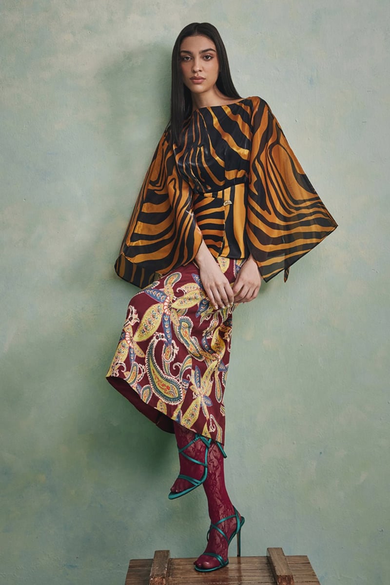 Black/Yellow Zebra Print Cape Sleeve Flared Top