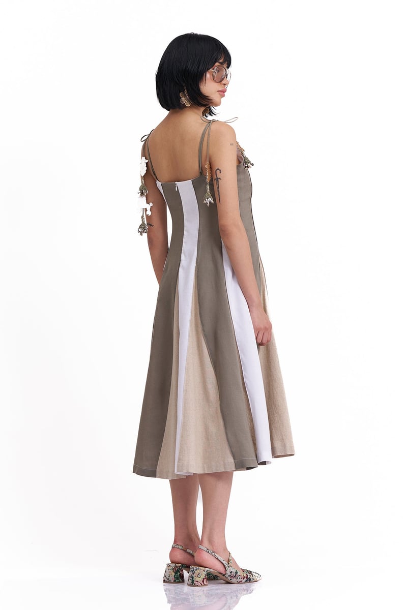 Neutral Colorblock Cotton Linen A-Line Midi Dress