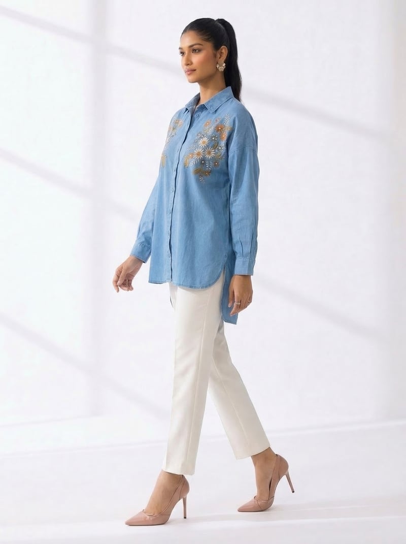 Blue Cotton Embroidered Button-Down Shirt