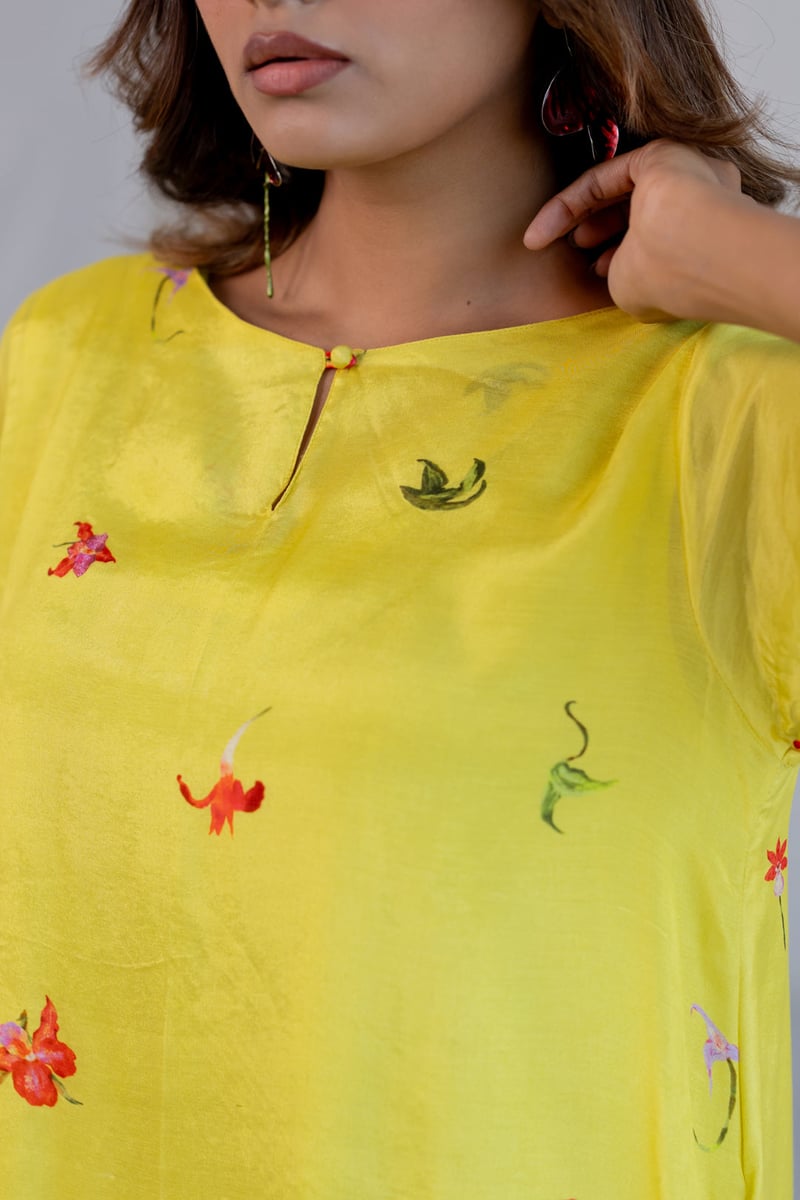 Lime Green Silk Voile Floral Printed Kurta Set with Pants