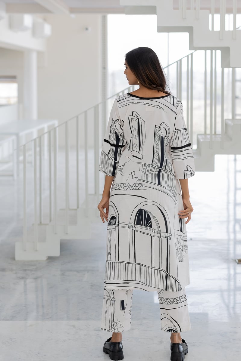 White Monochrome Printed Cotton Poplin Kurta Set