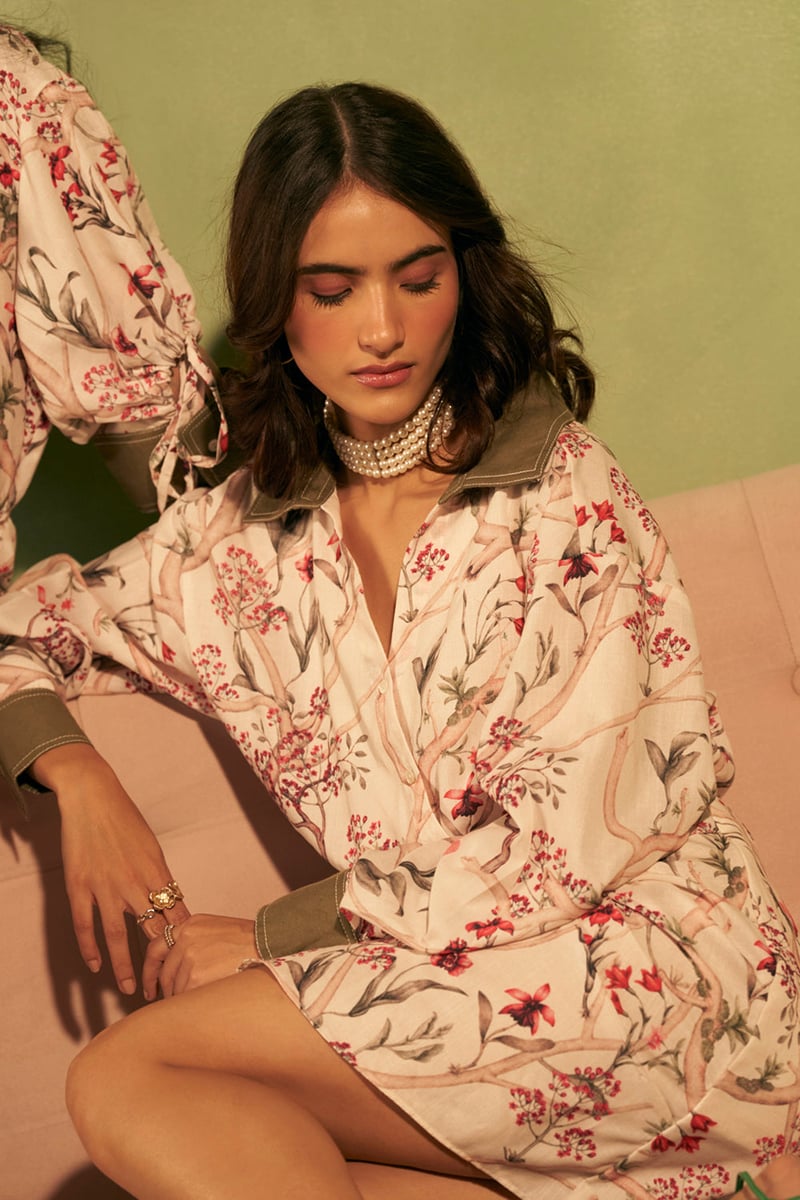 Beige Floral Wrap Mini Shirt Dress