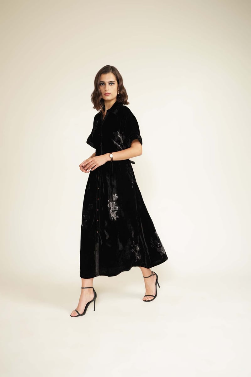 Black Silk Velvet Button-Front Midi Shirt Dress