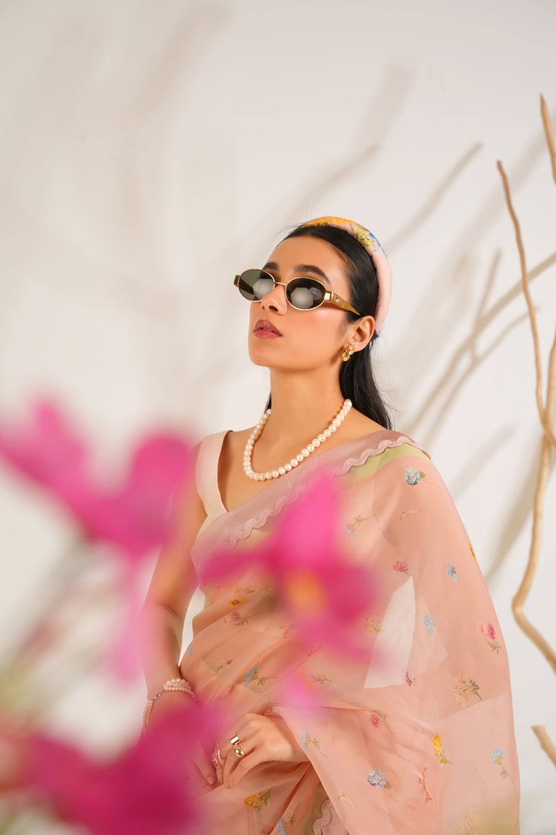 Blush Organza Floral Print Saree Set with Blouse Fabric