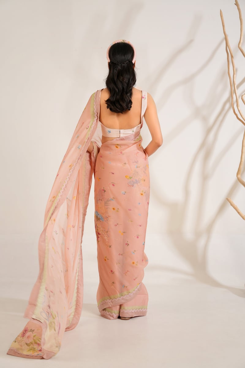Blush Organza Floral Print Saree Set with Blouse Fabric