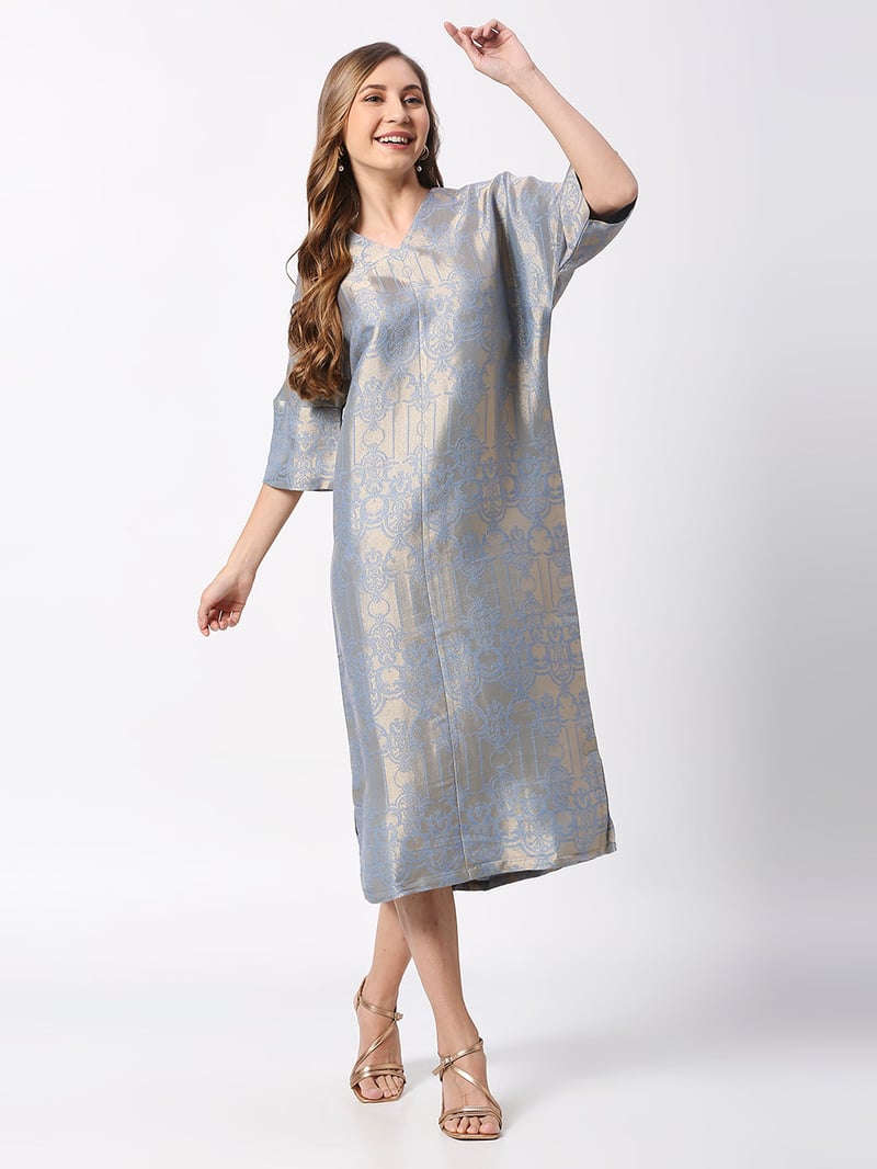 Blue Metallic Brocade Tunic Midi Dress