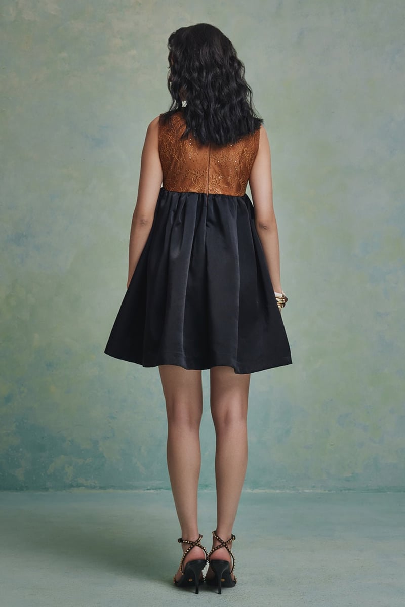 Black and Gold Two-Tone Lace Bodice Mini Dress