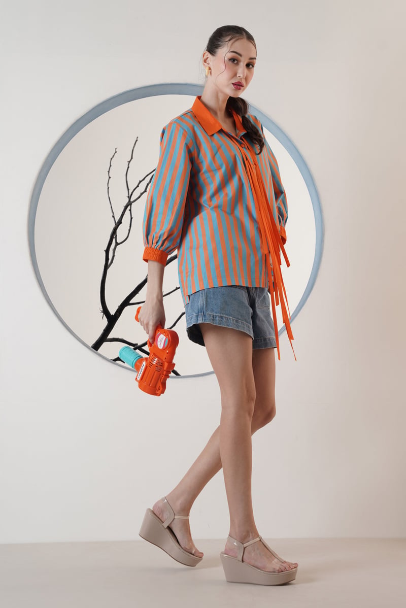 Blue and Orange Striped Tie-Front Collared Shirt