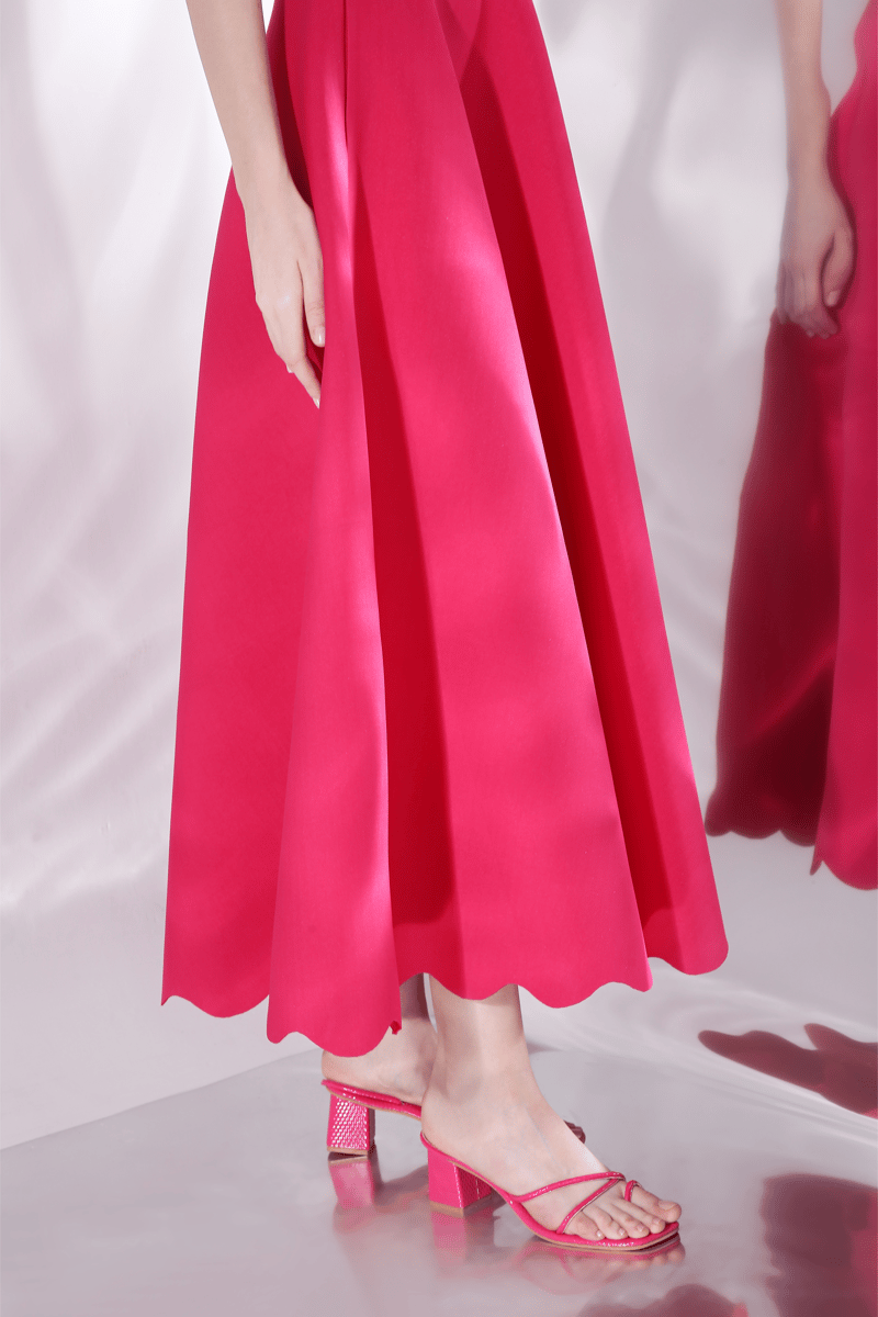 Hot Pink Fit and Flare Midi Dress with Detachable Bow