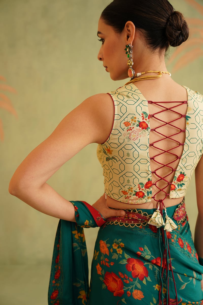 Green and Cream Pre-Draped Bemberg Crepe Saree Set