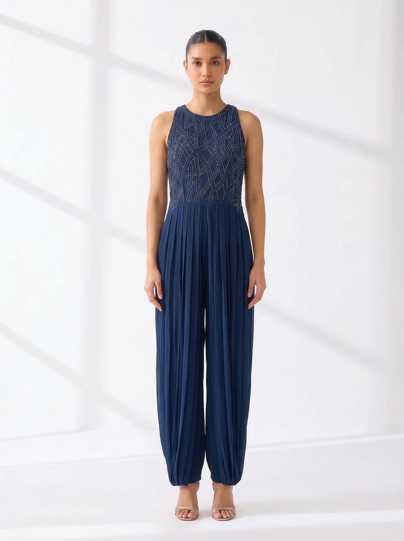 Navy High-Neck Embellished Pleated Jumpsuit — The Grey Dot