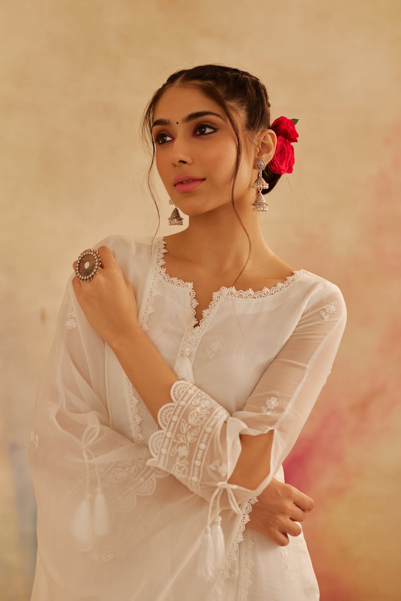 Ivory White Organza Embroidered Straight Suit Set