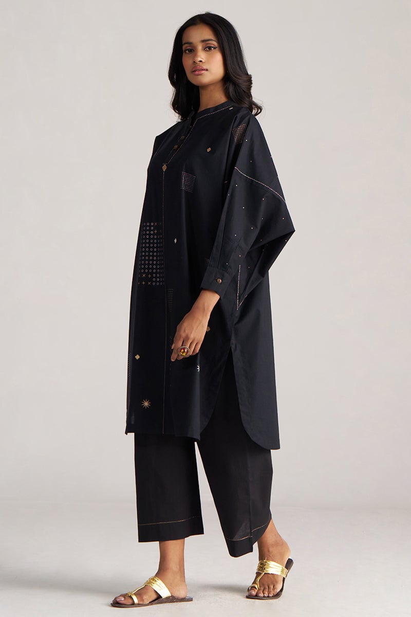 Black Cotton Printed Kurta and Wide-Leg Pants Co-ord Set