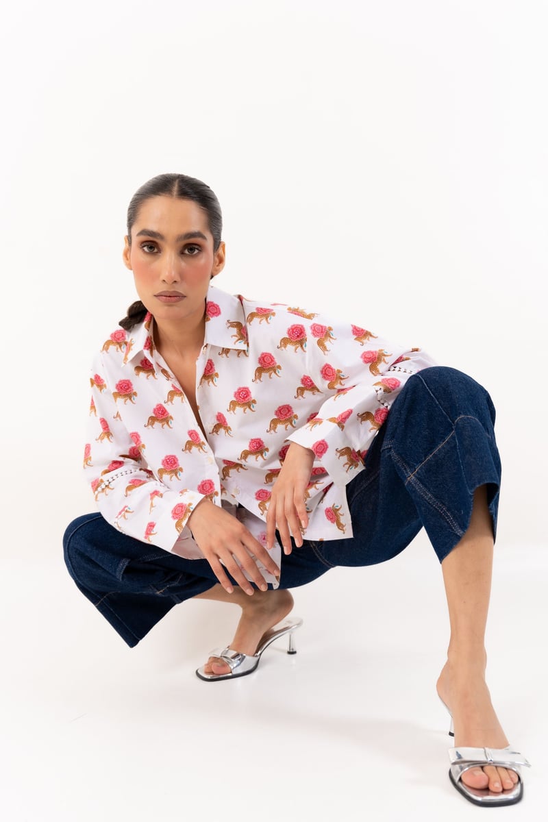 White Oversized Printed Cotton Shirt with Beadwork