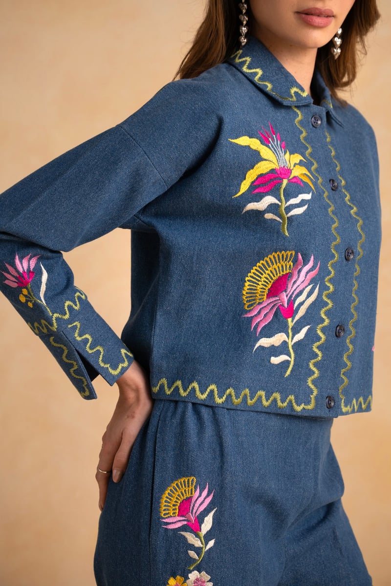 Indigo Blue Embroidered Denim Co-ord Set