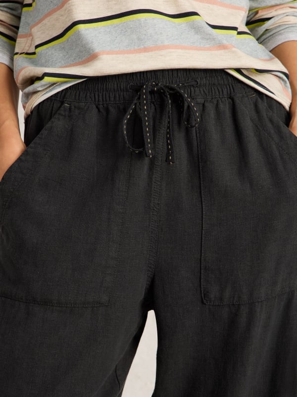 Pure Black Linen Blend Drawstring Tapered Trousers
