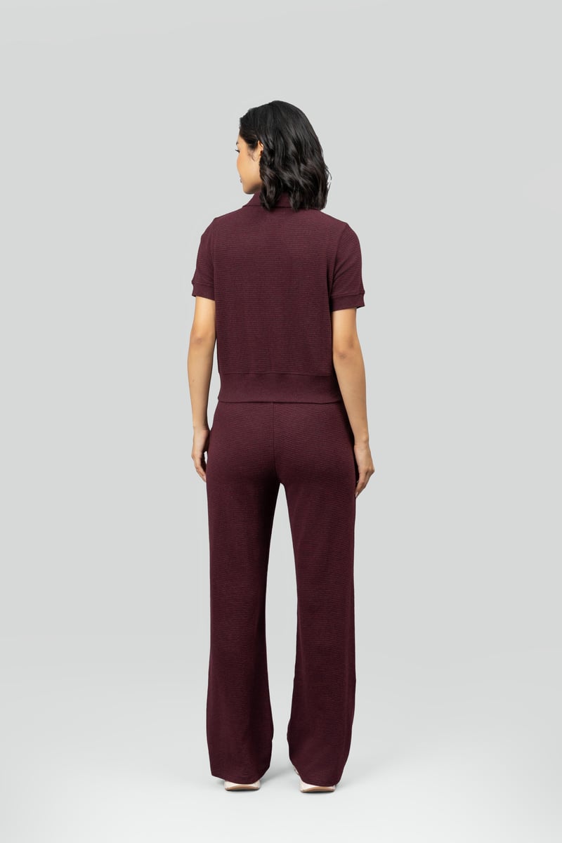 Burgundy Ottoman Rib Cropped Polo Top