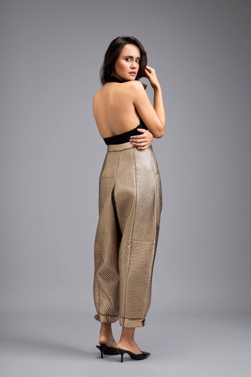Gold Metallic Quilted High-Rise Balloon-Leg Trousers