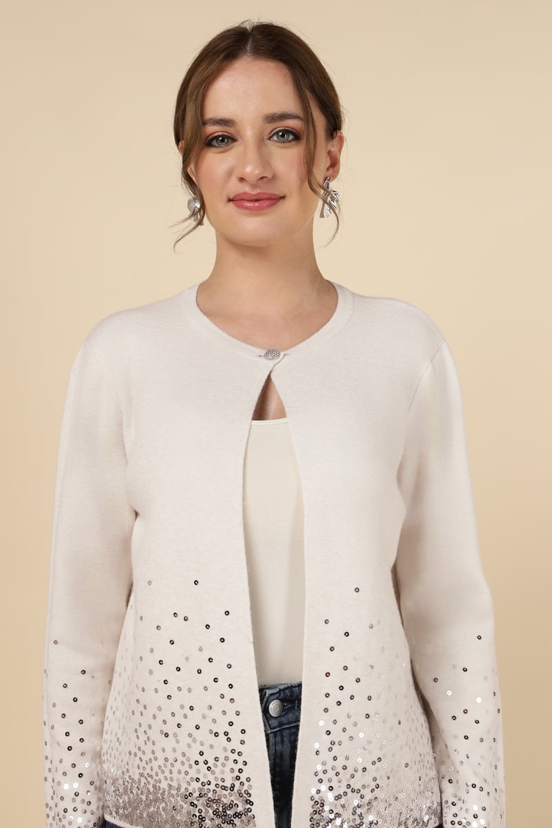 Ecru Sequin Hem Fine-Knit Cardigan