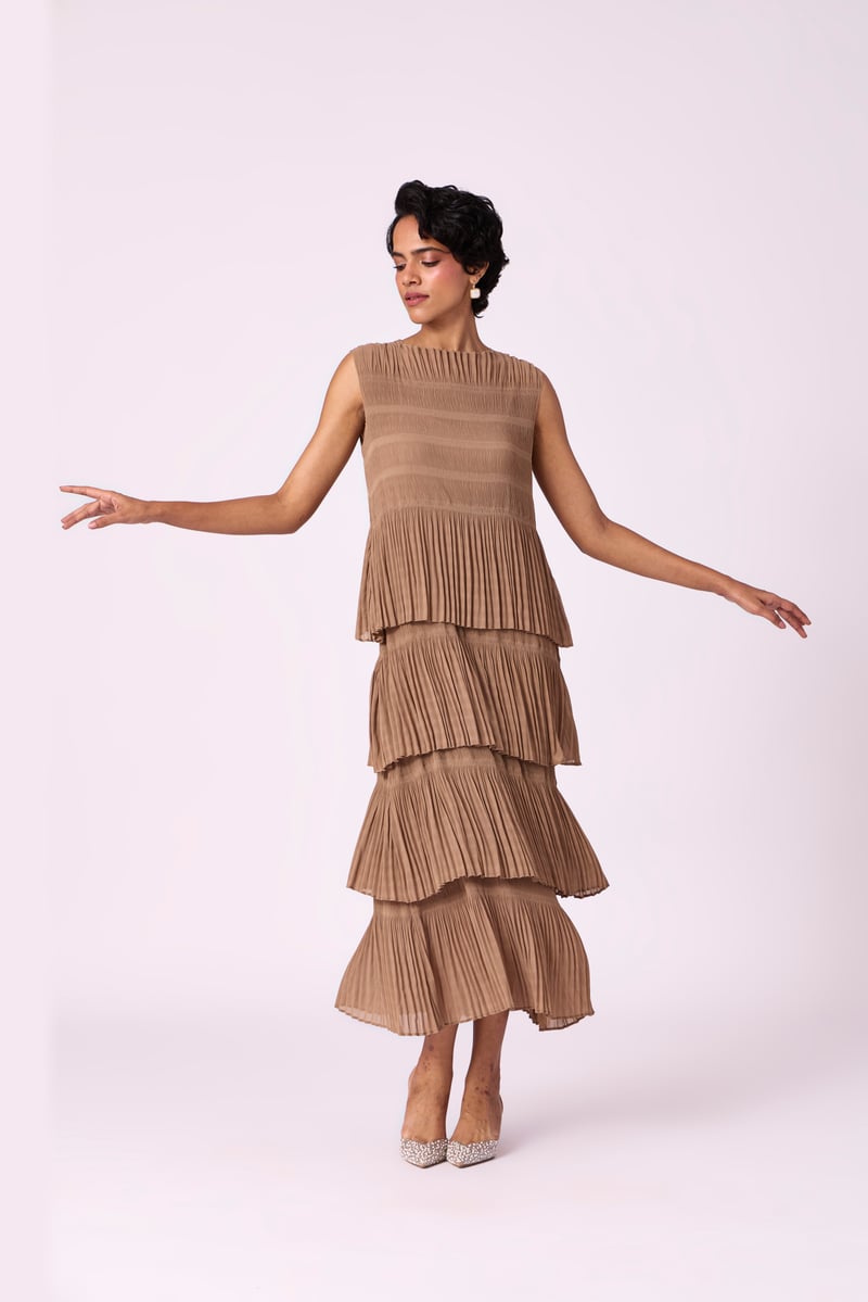 Taupe Tiered Pleated Chiffon Maxi Dress