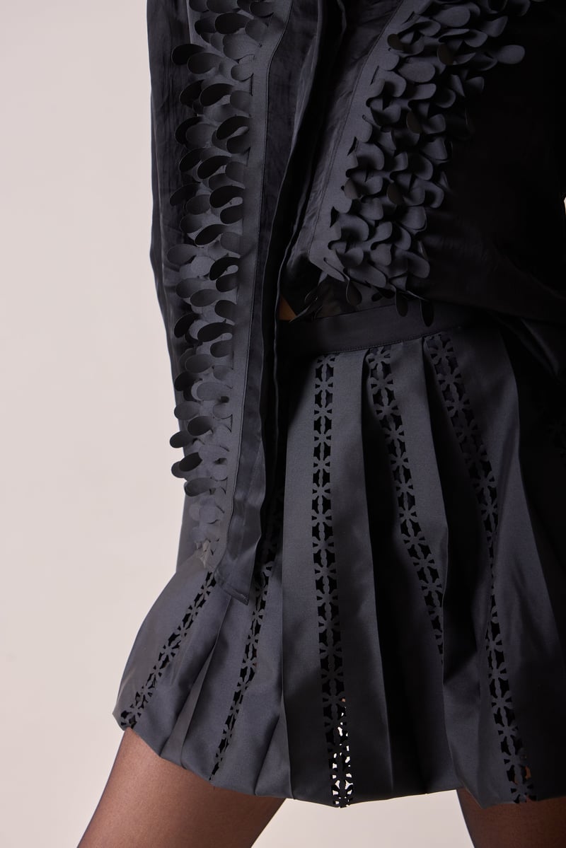 Black Satin Organza Applique Button-Down Shirt