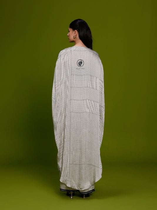 Ivory and Black Cupro Satin Kaftan and Pant Co-ord Set