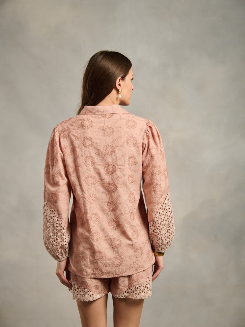 Peach Cotton Schiffli Cutwork Collared Blouse