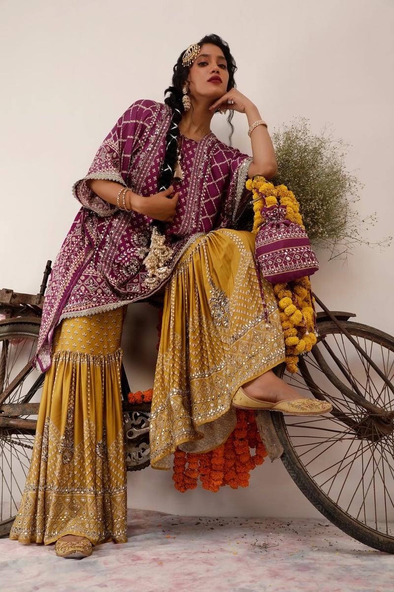 Purple Kaftan and Mustard Gharara Co-ord Set