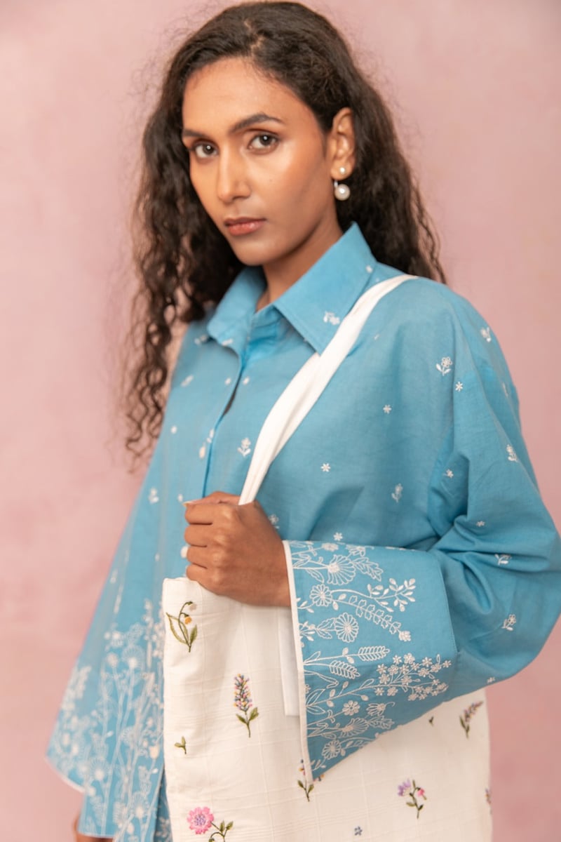 Blue Cotton Floral Print Button-Down Shirt