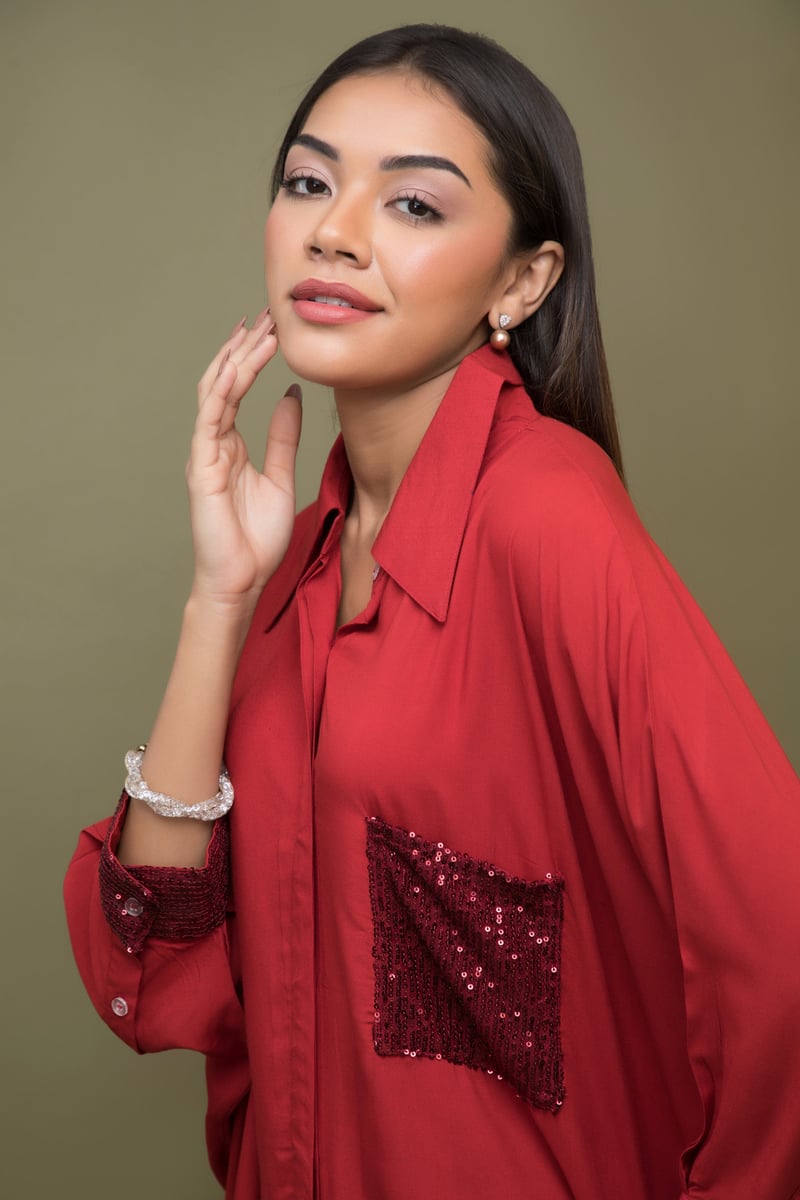 Ruby Red Kaftan-Fit Shirt with Sequin Pocket