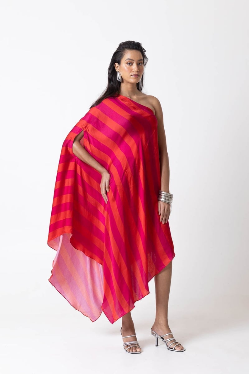 Orange/Pink One-Shoulder Asymmetrical Midi Dress