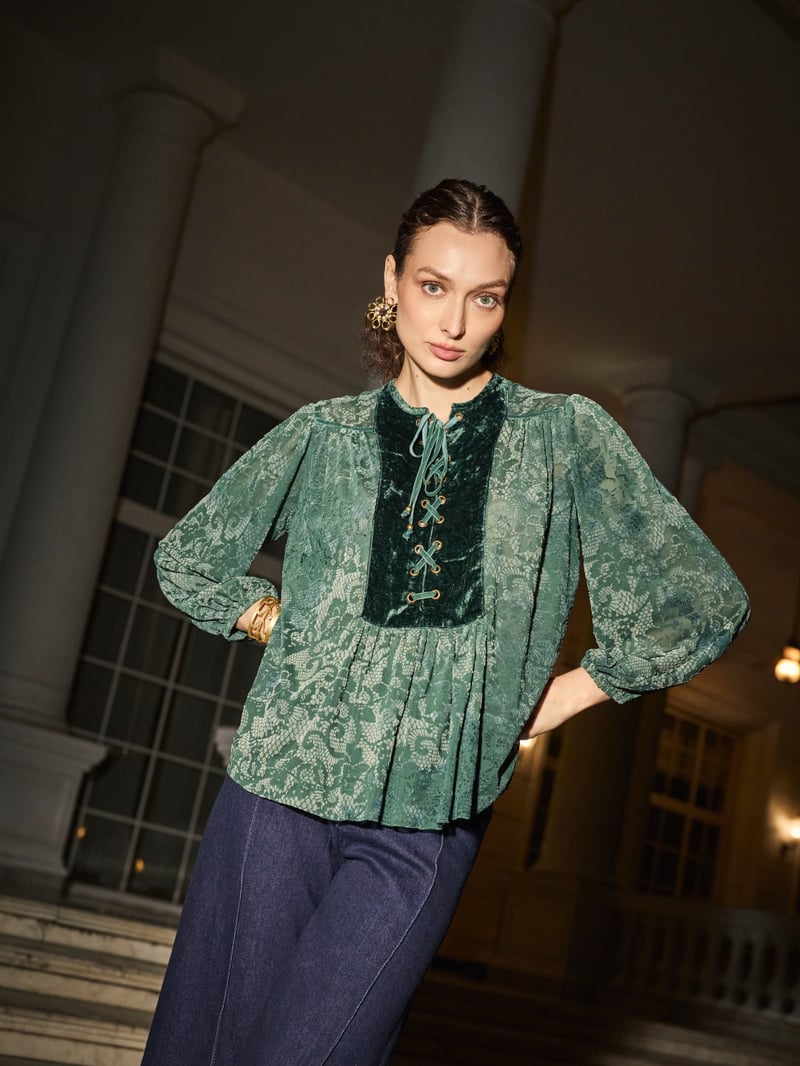 Green Burnt Velvet Lace-Up Yoke Flowy Top