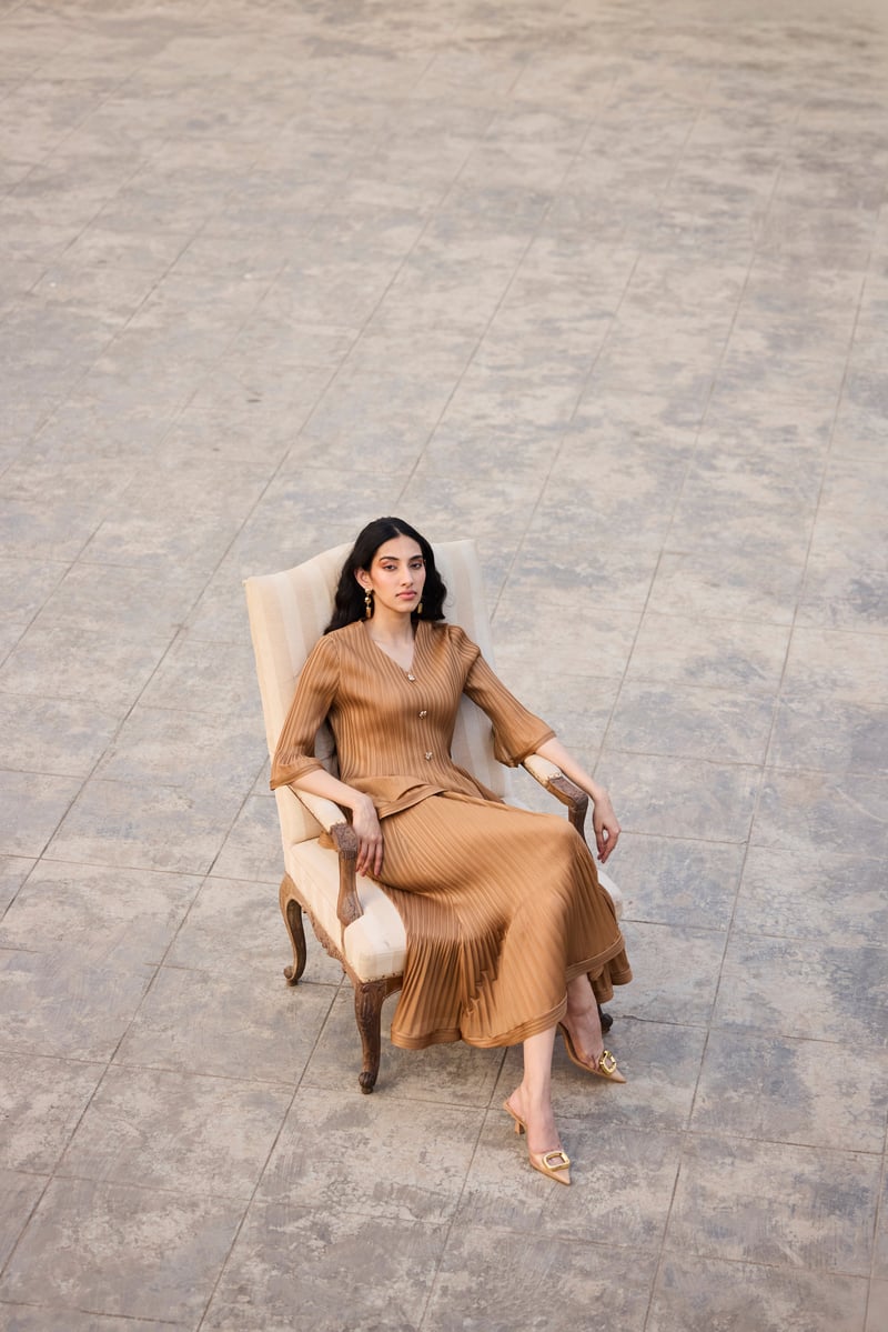 Mocha Pleated Top and Midi Skirt Co-ord Set