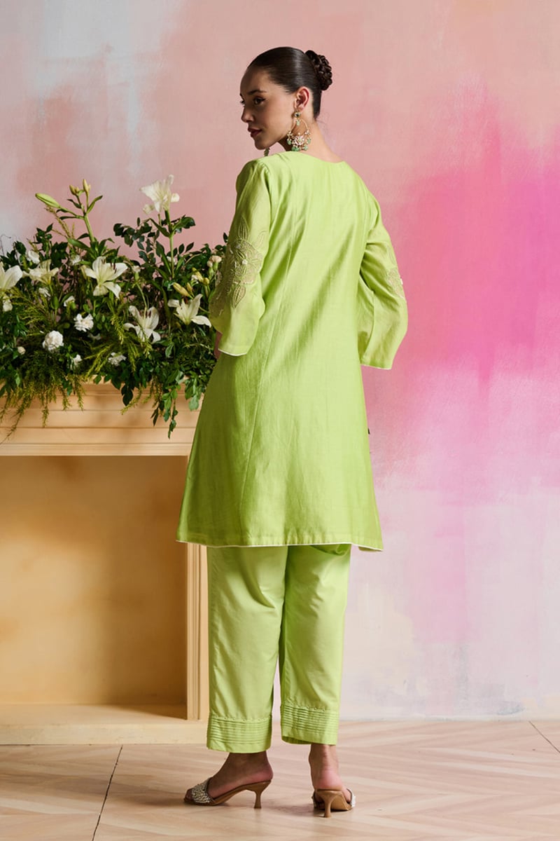 Pastel Green Chanderi A-Line Kurta Set with Embroidered Sleeves