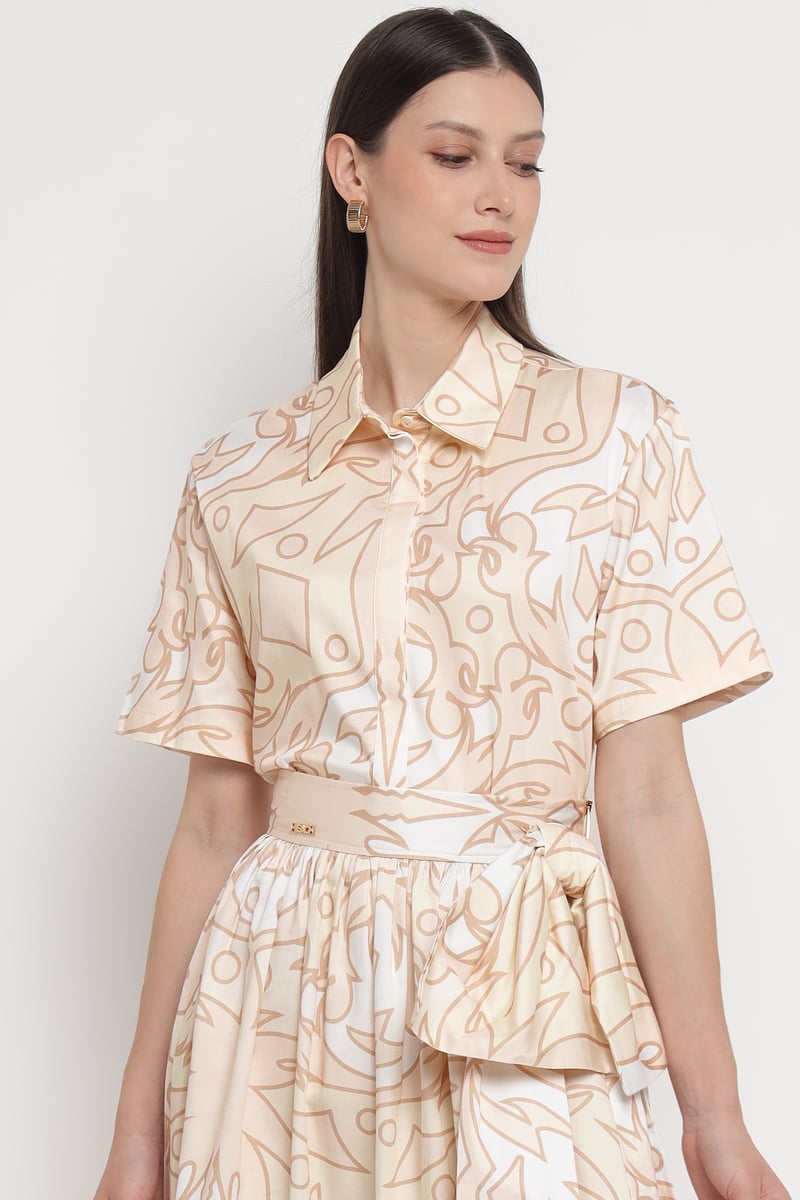 Beige Geometric Print Relaxed Fit Short Sleeve Shirt