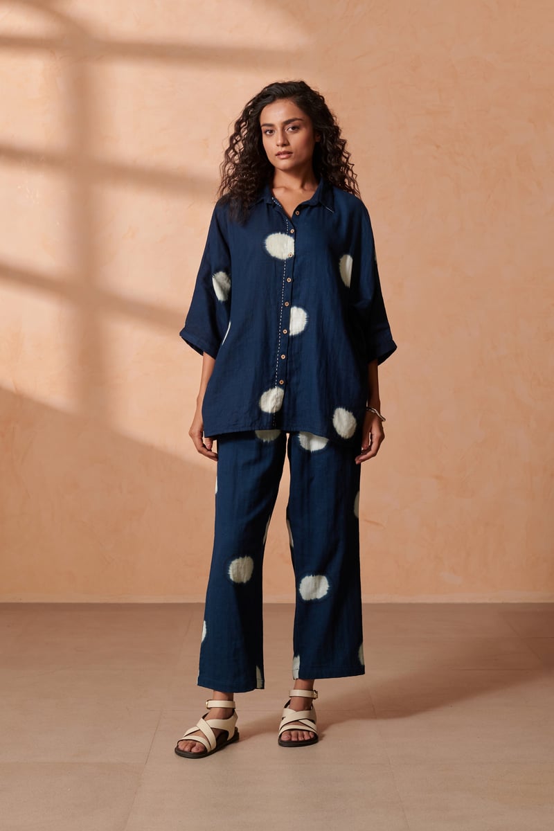 Indigo Ivory Dot Boxy Button-Down Double Gauze Cotton Shirt