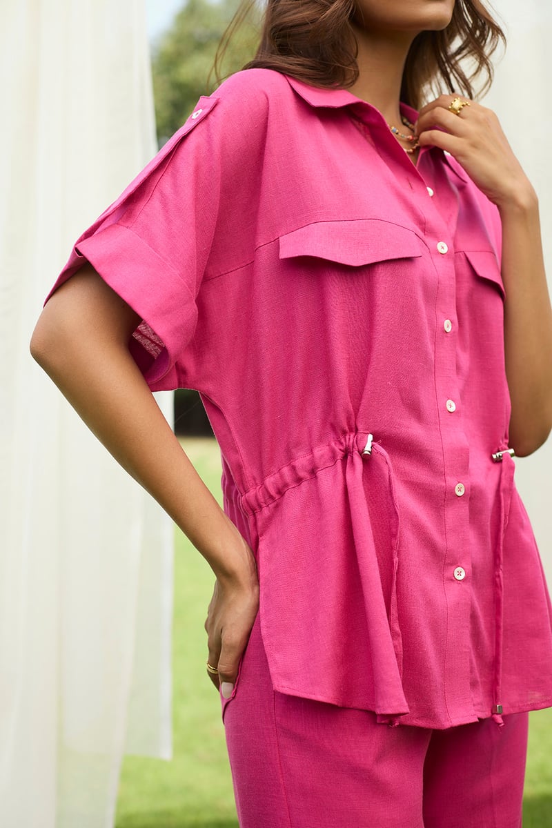 Hot Pink Linen Cotton Shirt and Embroidered Pants Co-ord Set