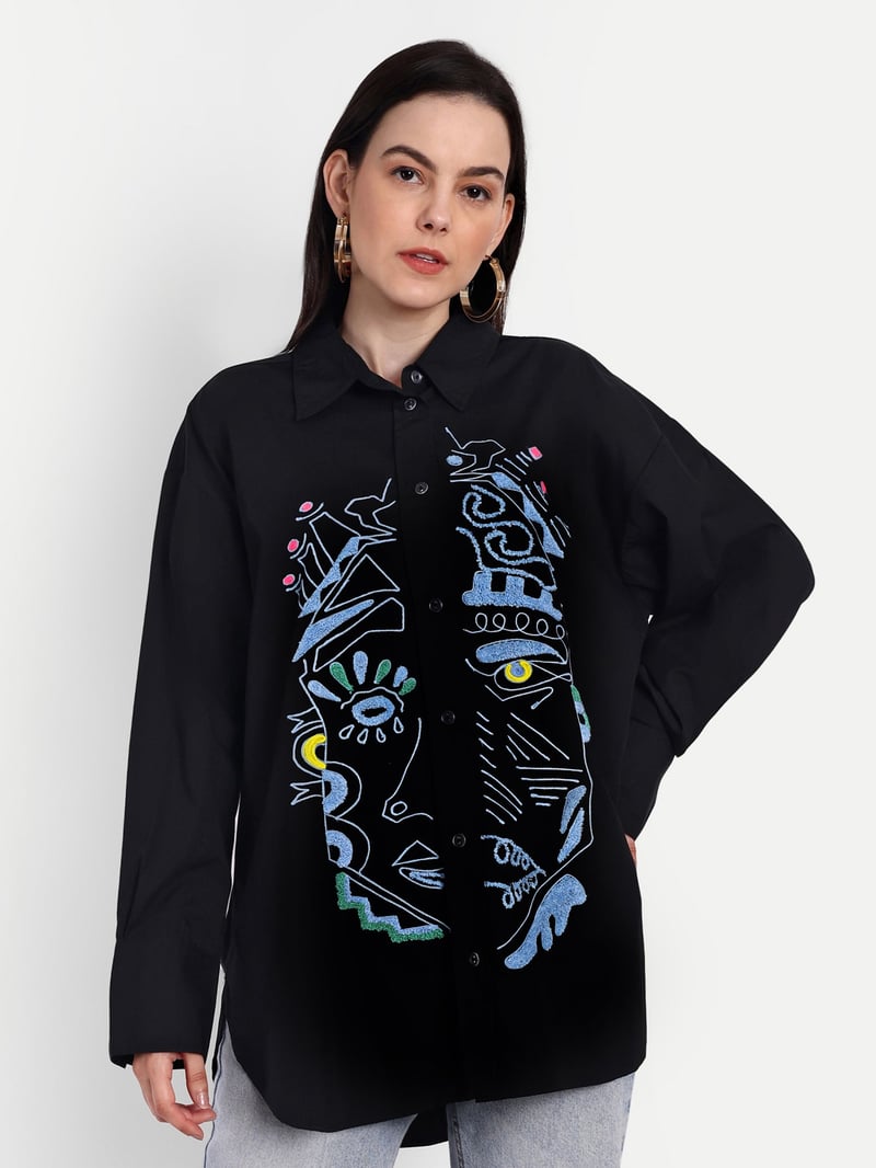 Black Oversized Embroidered Button-Down Shirt