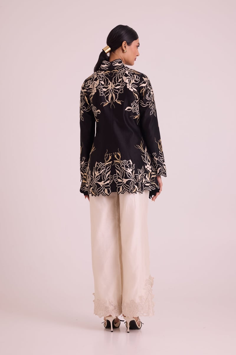 Black Wrap Blazer and Ivory Wide-Leg Pants Co-ord Set