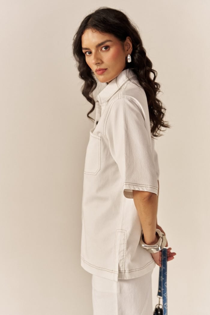White Denim Oversized Shirt and Flared Pants Co-ord Set