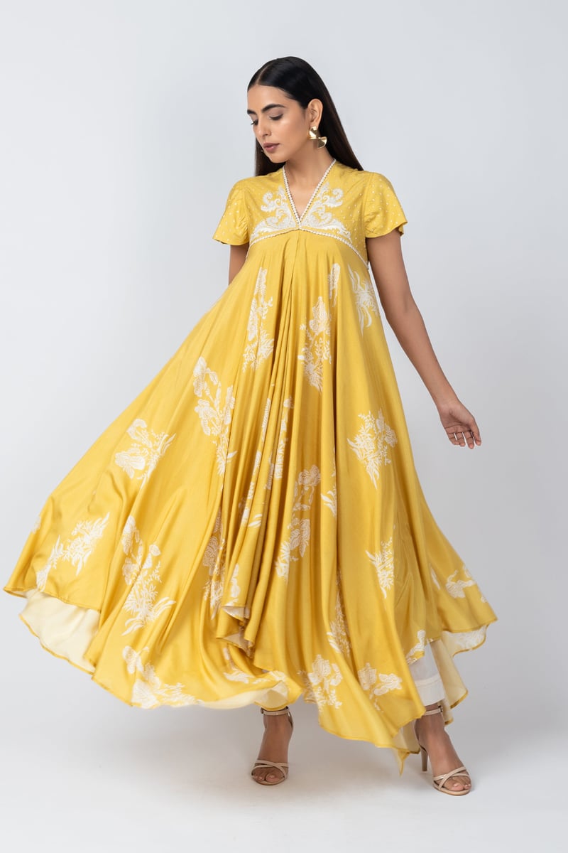 Yellow Floral Printed Asymmetrical Kurta Set with Straight Pants